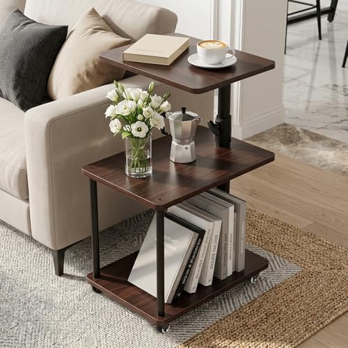 Rolling Side Table with Wheel for Living Room, Adjustable Height Swivel End Table for Different Seating Types, Ideal for Couch, Sofa, Recliner and Living Room, Black Walnut-Look by Bingyouth