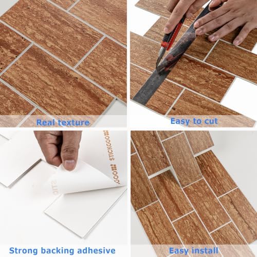 STICKGOO 10-Sheet Backsplash Peel and Stick Subway Tile(Thicker Design, Faux Red Travertine) - Image 6