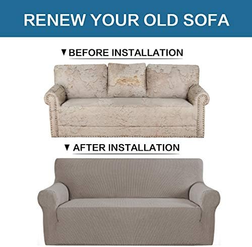 H.VERSAILTEX Stretch Sofa Covers for 3 Cushion Couch Slip Covers for Sofas/Couches Feature Thick Checked Jacquard Fabric with Elastic Bottom, Sofa Large - Taupe - Image 6