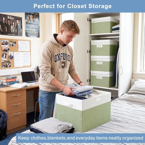 Large 17" 42 Quarts Collapsible Stackable Storage Bins with Lids [3-Pack] Foldable Fabric Linen Storage Boxes Cube, Closet Organizer Baskets with Label for Home (16.7 x 12 x 12", Green & White) - Image 3