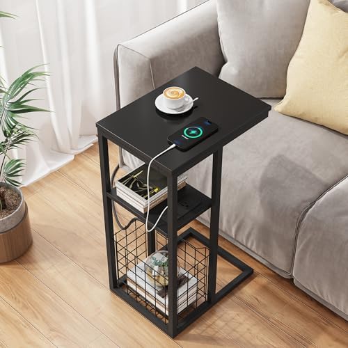 Vagusicc C Shaped End Table with Charging Station, Side Table for Couch, Small Side End Table for Small Spaces, 28" High Slide Under Sofa Table for Coffee, Tv Tray Table for Living Room, Black - Image 5