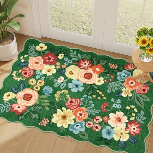 DUKINO 2x3 Rug for Entryway, Floral Door Mat Washable Rug, Dark Green by DUKINO