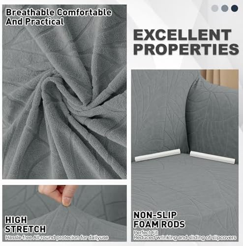 YEMYHOM Couch Cover Latest Jacquard Design High Stretch Sofa Chair Covers for Living Room, Pet Dog Cat Proof Armchair Slipcover Non Slip Elastic Furniture Protector (Small, Begonia Leaf Dark Gray) - Image 3