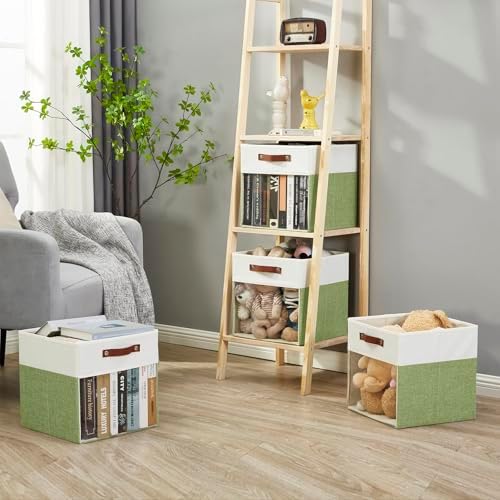 Bagnizer Storage Cubes, 4 Pack Linen Foldable Storage Bins with Clear Window and 2 Handles, 13x15x13 for Shelf Closet, Kallax, Clothes, Books - Green/Off-White - Image 3