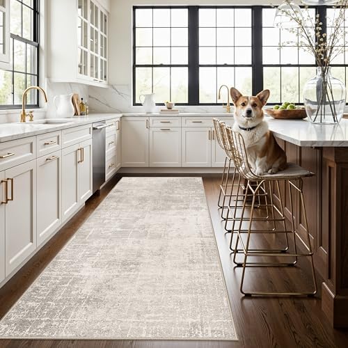 Washable 4x8 Hallway Area Rug: Abstract 8ft Water Resistant Soft Entry Kitchen Runner Rug Non-Slip Low Pile Carpet for Living Room Bedroom Thin Floor Mat for Bathroom Dining Room(4x8，Beige/Cream) - Image 4