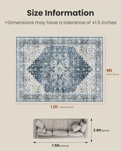 AMADA HOMEFURNISHING 9x12 Washable Area Rug, Low-Profile Large Area Rug with Non-Slip Backing & Durable Edge Binding, Vintage Large Rugs for Living Room, Bedroom & Dinning Room - Image 2