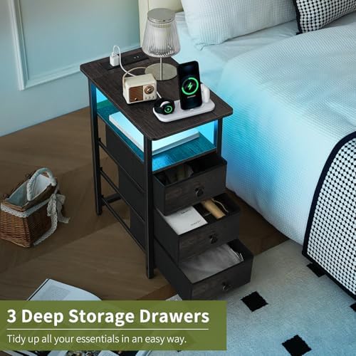 Yoobure End Table with Charging Station, LED Narrow Side Table Bedside Table, Small Night Stand End Tables Living Room, Skinny Nightstand with 3 Fabric Drawers, Side Tables Bedroom for Small Spaces - Image 6