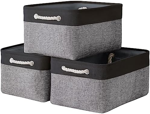 TheWarmHome Collapsible Storage Bin for Shelves - 16x12x8 inch Large 3 Pack Storage Basket for Organizing with Rope, Fabric Storage Cubes for Organizer Toy Cloth Gift Closet (Black & Grey) by TheWarmHome