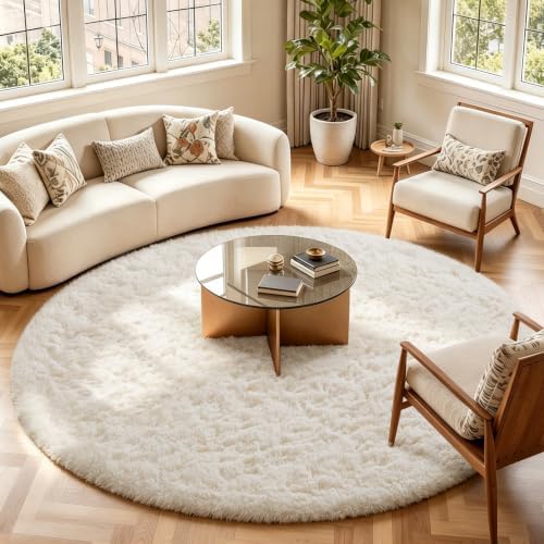 Ophanie Round Rugs 7Ft Ivory Circle Area Rug Washable, Living Room Aesthetic Decor, Fluffy Fuzzy Bedroom Carpet, Plush Soft Shaggy Cream Rugs for Kids Home Decor, Nursery with Over 99 pcs Pile fibers - Image 3