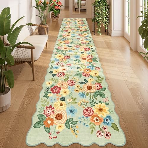 DUKINO 2.6x12 Washable Runner Rug, Floral Non Slip Long Kitchen Rug, Green - Image 5