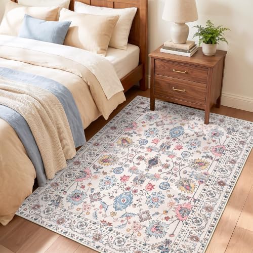 Hanples 3x5 Washable Rugs for Entryway, Vintage Floral Door Mat, Beige - Image 6