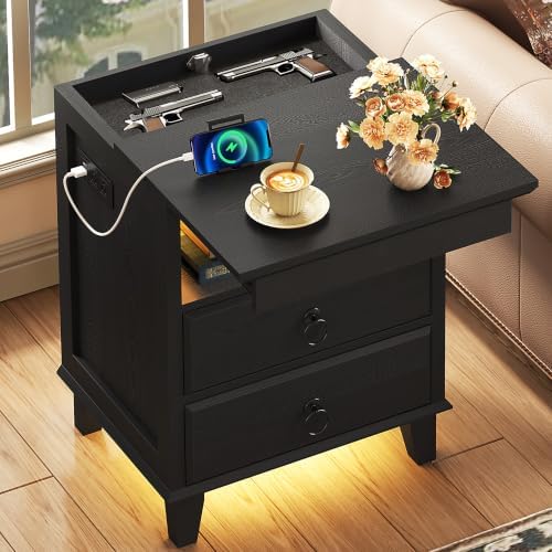 Yusong LED Night Stand with Gun Drawer, Bedside Table with Charging Station, Sofa Couch End Side Table with with 2 Drawers ＆Open Shelf for Bedroom, Black by Yusong