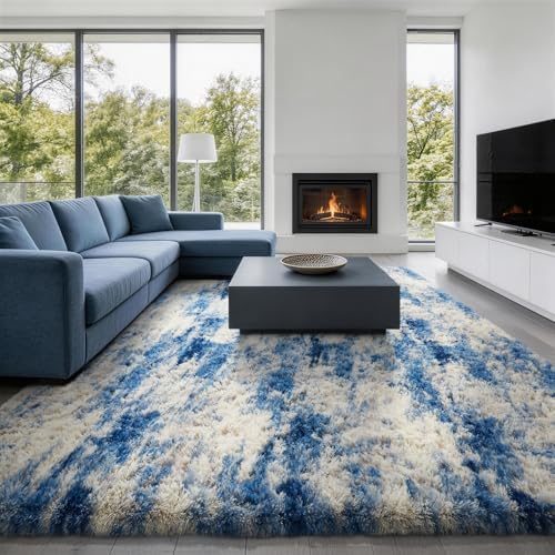 Ophanie 9x12 Blue and Gray Area Rugs for Living Room,Large Navy Grey White Fluffy Shag Fuzzy Plush Soft Carpets,Floor Shaggy Rugs for Bedroom,Carpet for Kids Dorm Decor with Over 99 pcs Pile fibers - Image 5