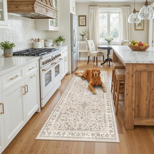 3x7 Washable Non-Slip Kitchen Runner Rug – Soft Low-Pile Stain-Resistant Carpet for Hallway Entryway Bedroom Laundry Room Bathroom – Boho Floral Wide Floor Runner with Rubber Backing (Beige,3x7) - Image 3