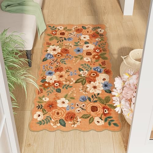 DUKINO 2x4 Rug for Entryway, Floral Washable Kitchen Rugs Non Slip, Orange by DUKINO
