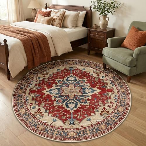 RELEANY Washable Area Rug, Round 5ft, Red/Blue - Image 2