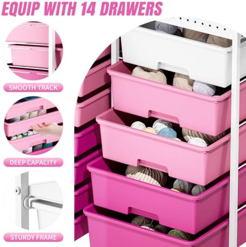 14 Drawer Rolling Storage Cart with Tabletop and Pegboard for Crafts Pink - Image 4