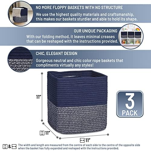 NaturalCozy Storage Cubes 11 Inch Cotton Rope Woven Baskets for Organizing, 3-Pack | Cube Storage Bin | Square Storage Baskets for Shelves Organizer, Classroom, Kids Toy Bins, Closet, Baby Nursery - Image 2