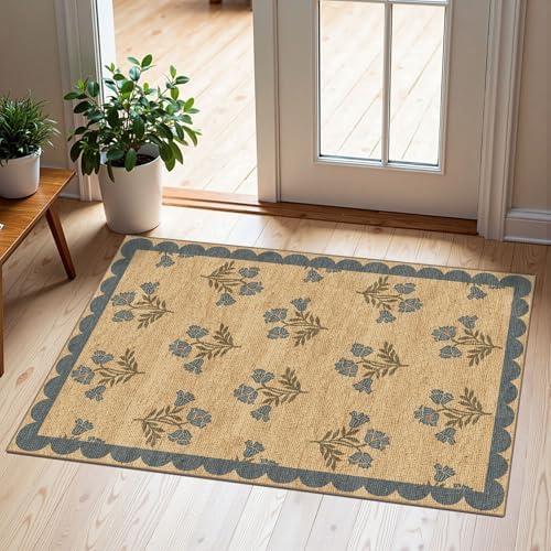 Front Door Mat Outside Entrance - 2x3 Jute-Look Blue Floral Rug by Othilic