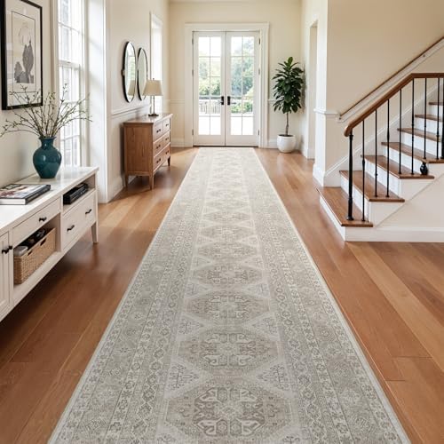 3x20 Runner Rug Washable Vintage: Non Slip Extra Long Hallway Runners Beige by Ksrau