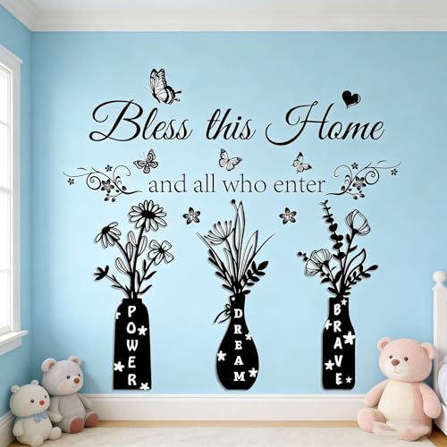 Bless This Home and All Who Enter Wall Decal - Inspirational Quote with Floral Vase & Butterfly Stickers, Power Dream Brave Vinyl Wall Art for Entryway, Living Room, Farmhouse Home Decor - Image 5
