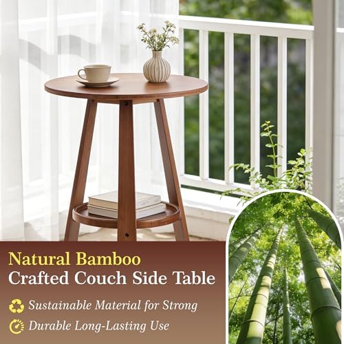 2-Tier Bamboo Round Side Table, Mid-Century Modern End Table - Image 3