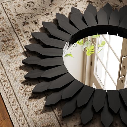 20" Black Round Sunburst Wooden Mirror Boho Rustic Wall Decor - Image 3