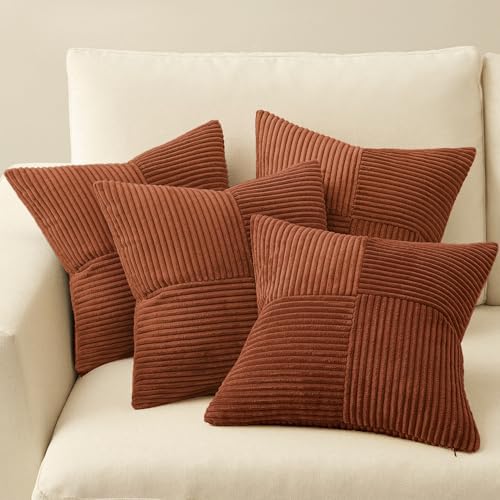 MIULEE Fall Boho Farmhouse Rust Decorative Throw Pillow Covers 18x18 Inch 4 Packs Soft Vintage Pillow Cases Modern Corduroy Patchwork Cushion Covers for Couch Sofa Bed Home Decor, Terracotta - Image 6