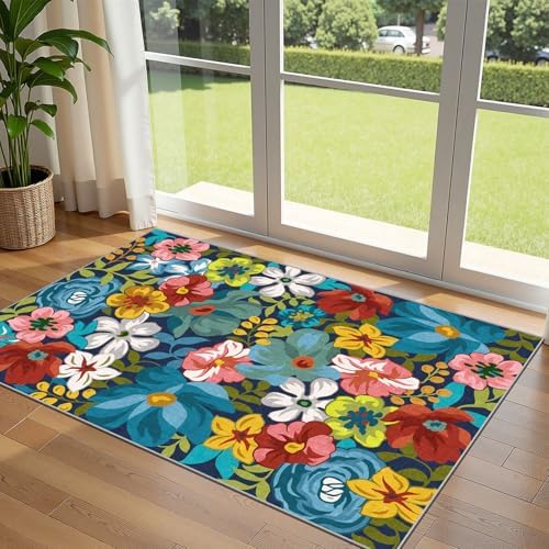 3x5 Flower Entry Rug, Washable Indoor Outdoor Mats for Front Door by Othilic