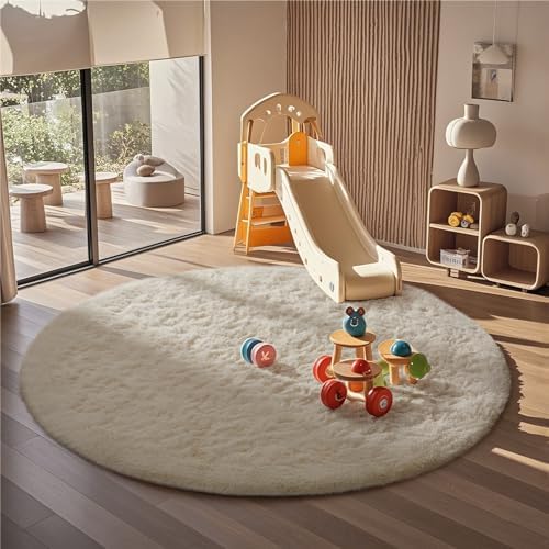 Ophanie Round Rugs 6Ft Ivory Circle Area Rug, Aesthetic Room Decor, Fluffy Fuzzy Bedroom Carpet, Plush Soft Shaggy Cream Living Room Rugs for Kids Home Decor, Nursery with Over 99 pcs Pile fibers - Image 3