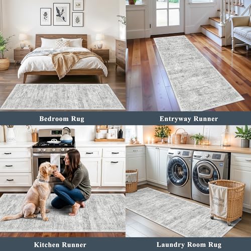 Rug Runners 2x6 Hallway Washable, Non Slip with Rubber Backing Carpet for Kitchen Bathroom Neutral Moroccan Vintage Oriental Distressed Area Rugs for Bedroom Laundry Room Entry Entryway, Grey/Ivory - Image 4