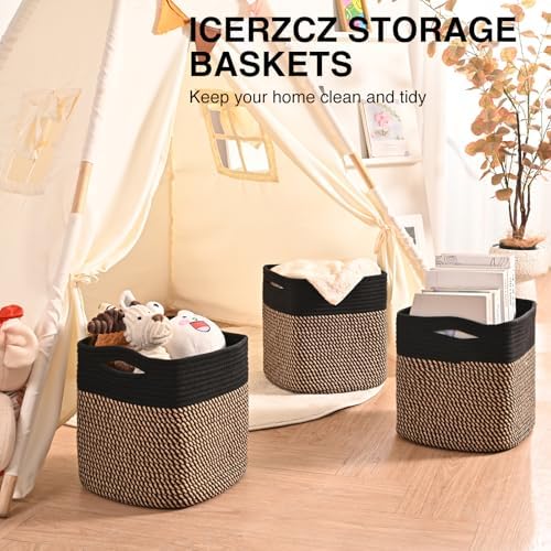 ICERZCZ 11 Inch Cube Storage Bins, Storage Cube Organizer Bins, Woven Cotton Rope Baskets for Storage, Storage Basket for Organizing Shelves, Square Baskets for Toys Nursery, Black & Jute (Pack of 3) - Image 6