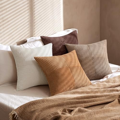 MIULEE Brown Throw Pillow Covers 18x18 Inch Set of 4 Boho Farmhouse Cushion Cases Neutral Gradient Corduroy Pillow Cases with Invisible Zipper Patchwork Home Decor for Couch Sofa Bed - Image 4