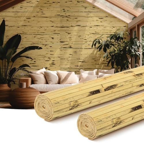 Juexica 2 Pcs Natural Bamboo Wall Panel for Interior Wall 48''x96'' Bamboo Covering Renewable Pole Wainscoting Room Divider Wrap Decor for Bedroom Living Room Kitchen Island Office (Light Burned) by Juexica
