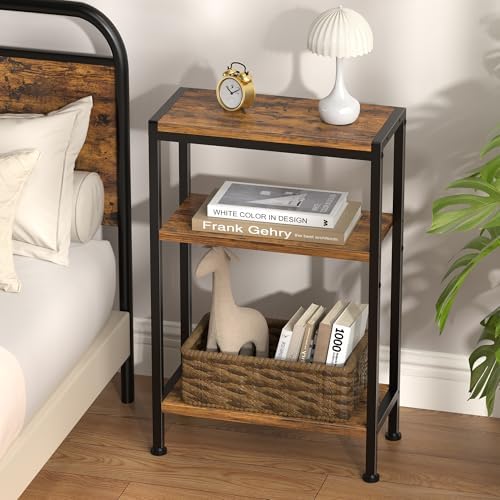 Narrow Side Table set of 2 for Small Space, 3 Tier Slim End Table, Thin Nightstand, Skinny Snack Couch Table, Sofa bedside Table in Living Room, Bedroom, Study, kitchen and Balcony (Rustic Brown) - Image 2