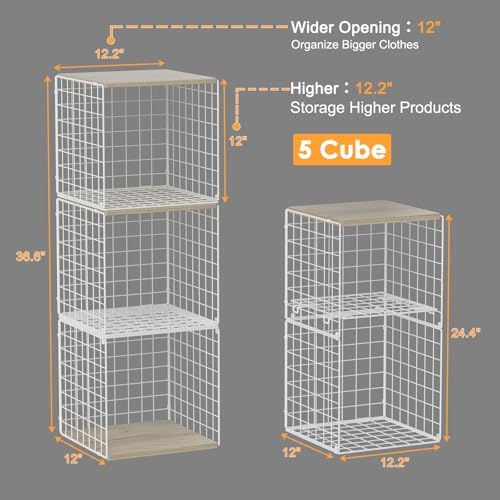 Hencawima 5PCS Stackable Closet Organizers and Storage, Closet Shelves with Wood Top Extra Storage, Clothes Storage Organizer Basket Bin/Cube for Home Wardrobe Organization(White-Sturdy Metal) - Image 3