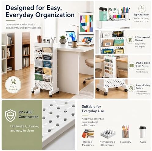 BYFU 6-Tier Rolling Bookshelf Cart, White - Image 4