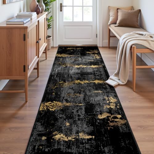 RELEANY Washable Runner 2'x8' Abstract Area Rug for Hallway Black Gold - Image 2