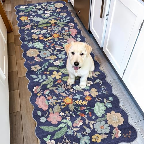 2x6 Hallway Floral Rug Runner: Washable Non Slip Low Pile Area Rug for Kitchen Front Door Soft Water Resistant Carpet for Bathroom Light Weight Durable Floor Mat for Bedroom Nursery(2x6/Blue/Purple) by HYHAOYUNLAI