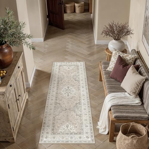 2x6 Washable Runner Rug Beige Brown Non Slip Vintage Carpet by WondRg
