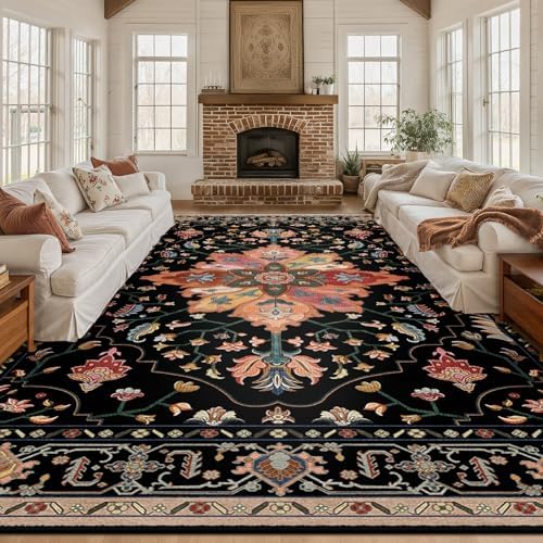 RELEANY Washable Area Rug, Large 10'x12', Black/Colorful by RELEANY