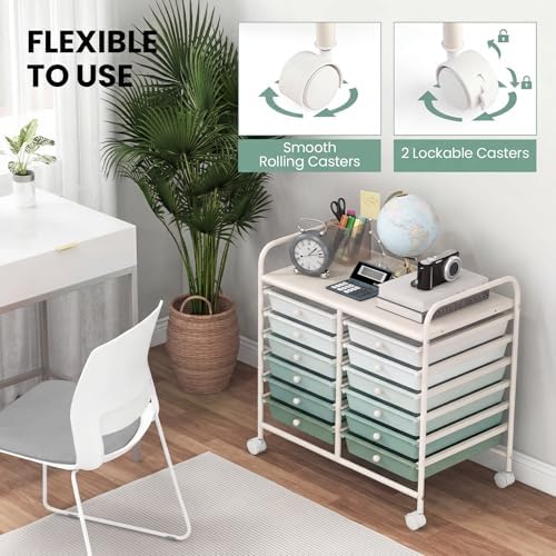 Giantex 12 Drawers Rolling Cart, Mobile Storage Drawer Cart, Classroom Organizer Cart for Office School Supplies Tools Scrapbook Paper Craft Small Printer, Utility Cart on Wheels, Green Gradient - Image 7
