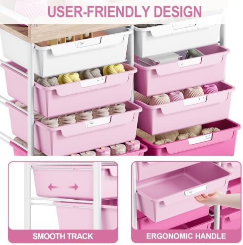10 Drawers Rolling Cart with Wooden Tabletop, Utility Storage Cart with Wheels, Art Supply Craft Organizer on Wheel with Metal Frame & Handles for Home Office School,Pink - Image 5