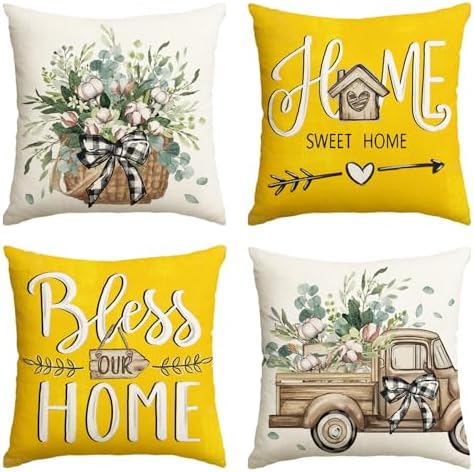 AVOIN colorlife Bless Our Home Farmhouse Eucalyptus Leaves Throw Pillow Covers, 20 x 20 Inch Yellow Truck Home Sweet Cushion Case Decorations Set of 4 by AVOINcolorlife