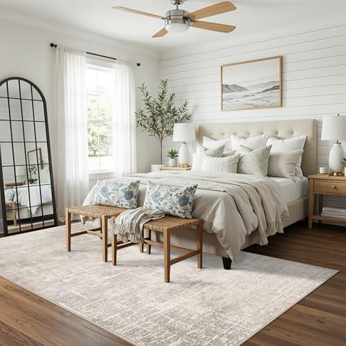 Washable 4x8 Hallway Area Rug: Abstract 8ft Water Resistant Soft Entry Kitchen Runner Rug Non-Slip Low Pile Carpet for Living Room Bedroom Thin Floor Mat for Bathroom Dining Room(4x8，Beige/Cream) by HYHAOYUNLAI