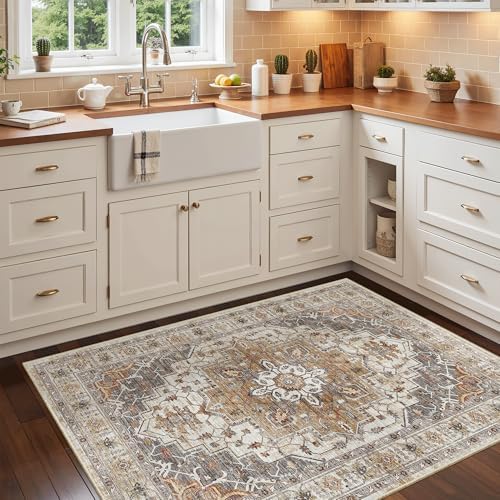 Madane Washable Entry Rug 3x4 Area Rugs for Entryway Kitchen, Turmeric/Grey - Image 2