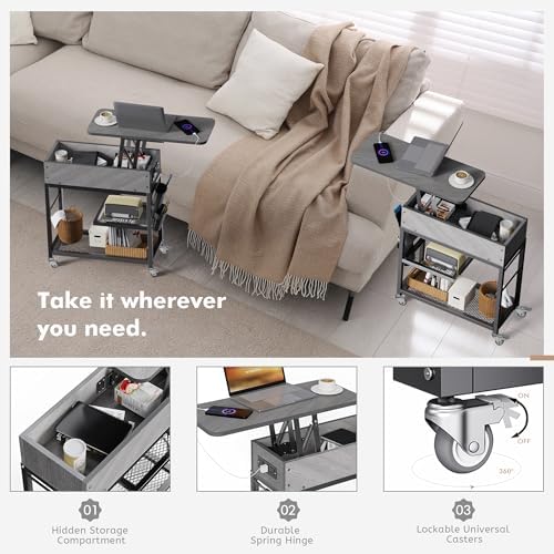 Colima Lift Top End Table with Charging Station and Wheels, Gray - Image 4