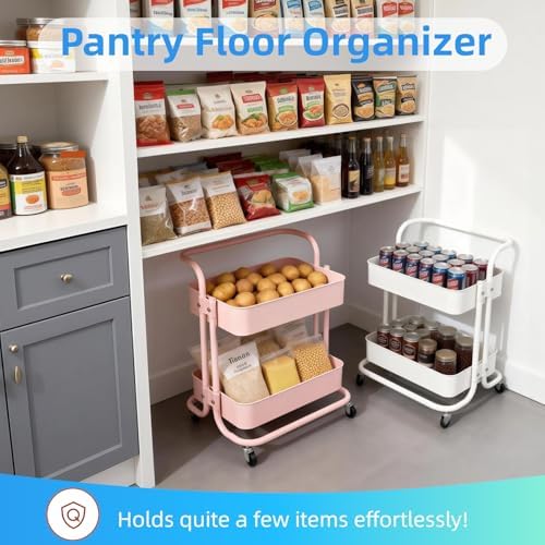 2 Tier Cart with Wheels Under Desk Storage with Handle, Metal Rolling Pantry Cart for Kitchen White Small Rolling Basket for Laundry Room Bathroom, Utility Shelf Organizer for Small Space - Image 2