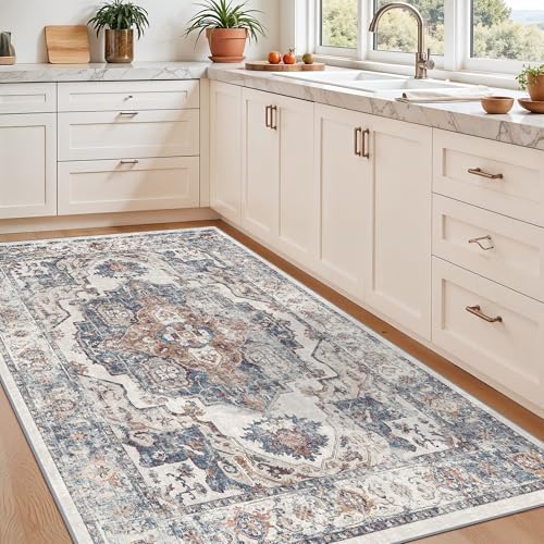 4x6 Living Room Area Rugs: Washable Boho Bedside Rugs Non-Slip Low Pile Small Carpet for Kitchen Bedroom Non-Shedding Floor Mat for Kids Room Office Dining Room(4x6，Brick) - Image 4