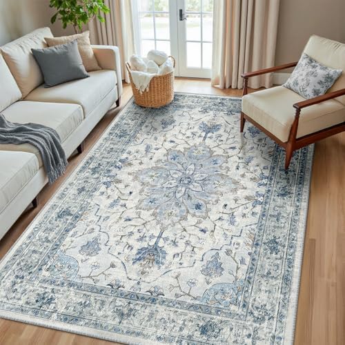 RELEANY Washable Area Rug, 5'x8', Blue/White/Gray by RELEANY